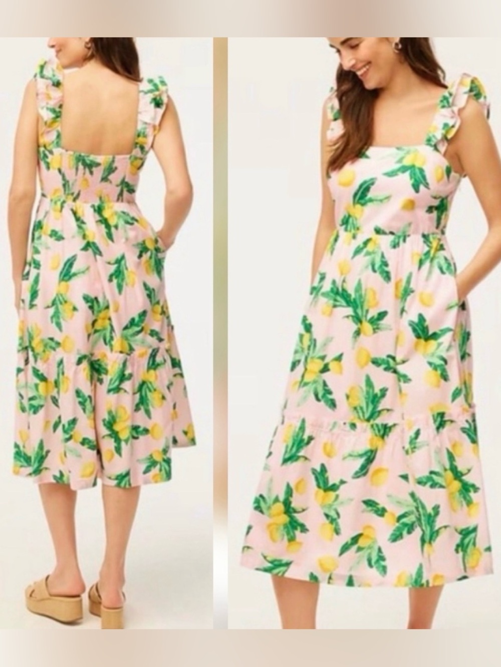 J. Crew Factory Square Neck Tiered Midi Dress with Pockets in Lemon Print